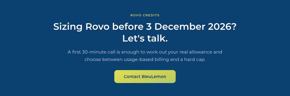 Banner: sizing Rovo before 3 December 2026, a first 30-minute call with BleuLemon.