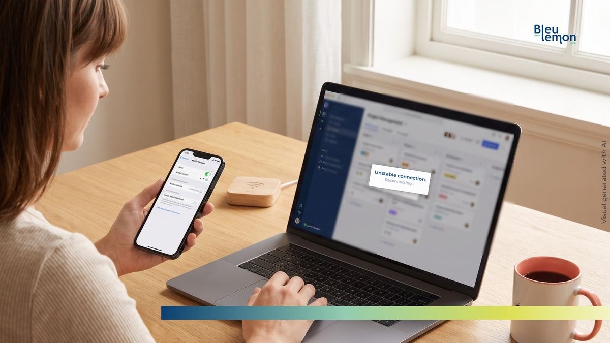 A remote worker switches to phone tethering while an unstable connection warning appears on her laptop.