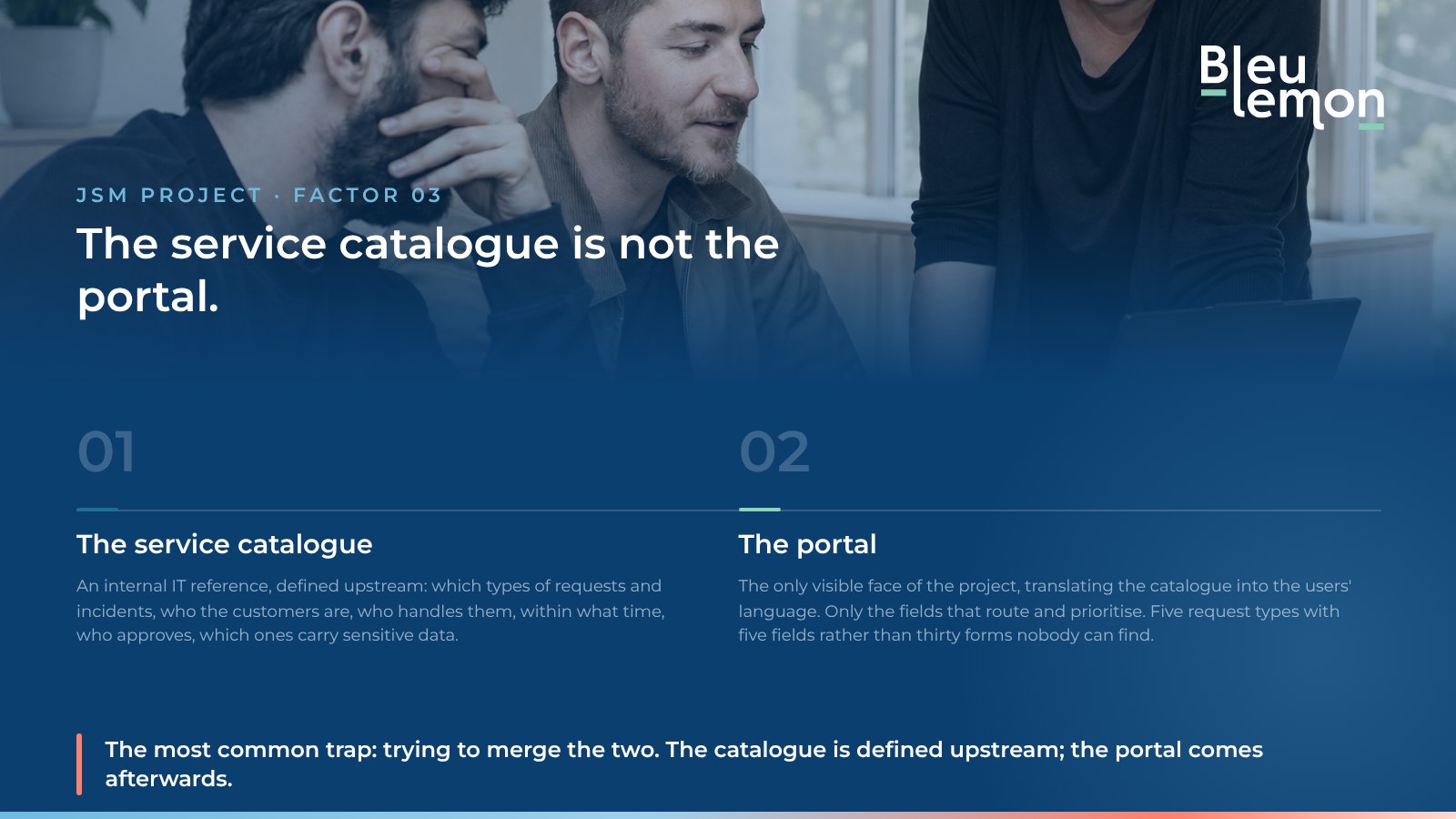 BleuLemon diagram: the service catalogue is not the portal. The catalogue is an internal IT reference defined upstream; the portal translates it into the users' language.