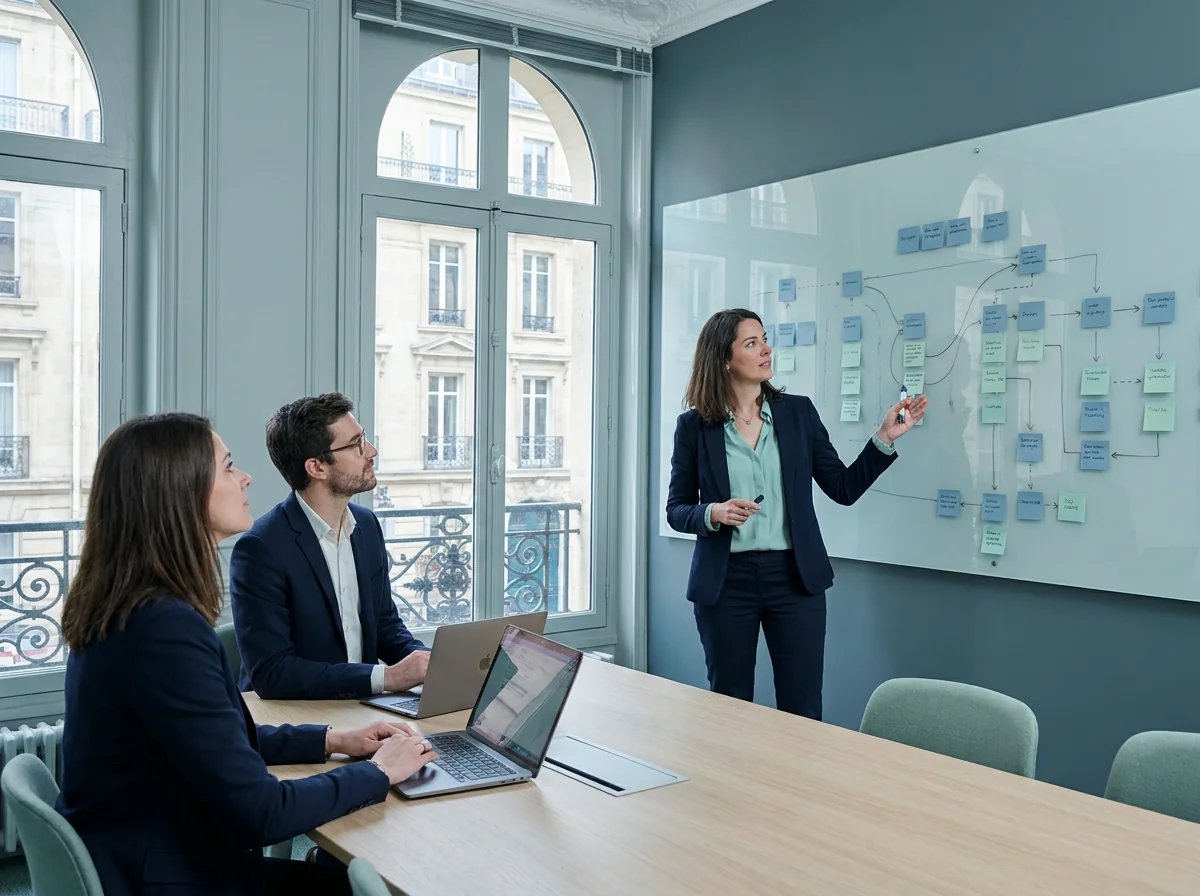 Atelier de restitution : une consultante déroule un flux au tableau