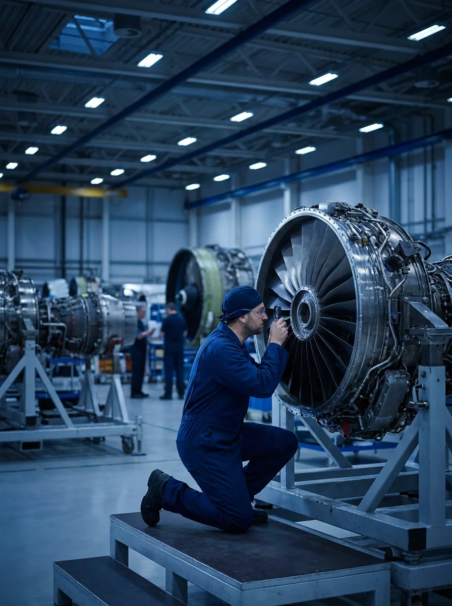 Réacteur aéronautique en atelier