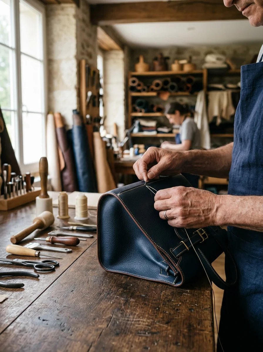 Atelier de maroquinerie, gestes de précision